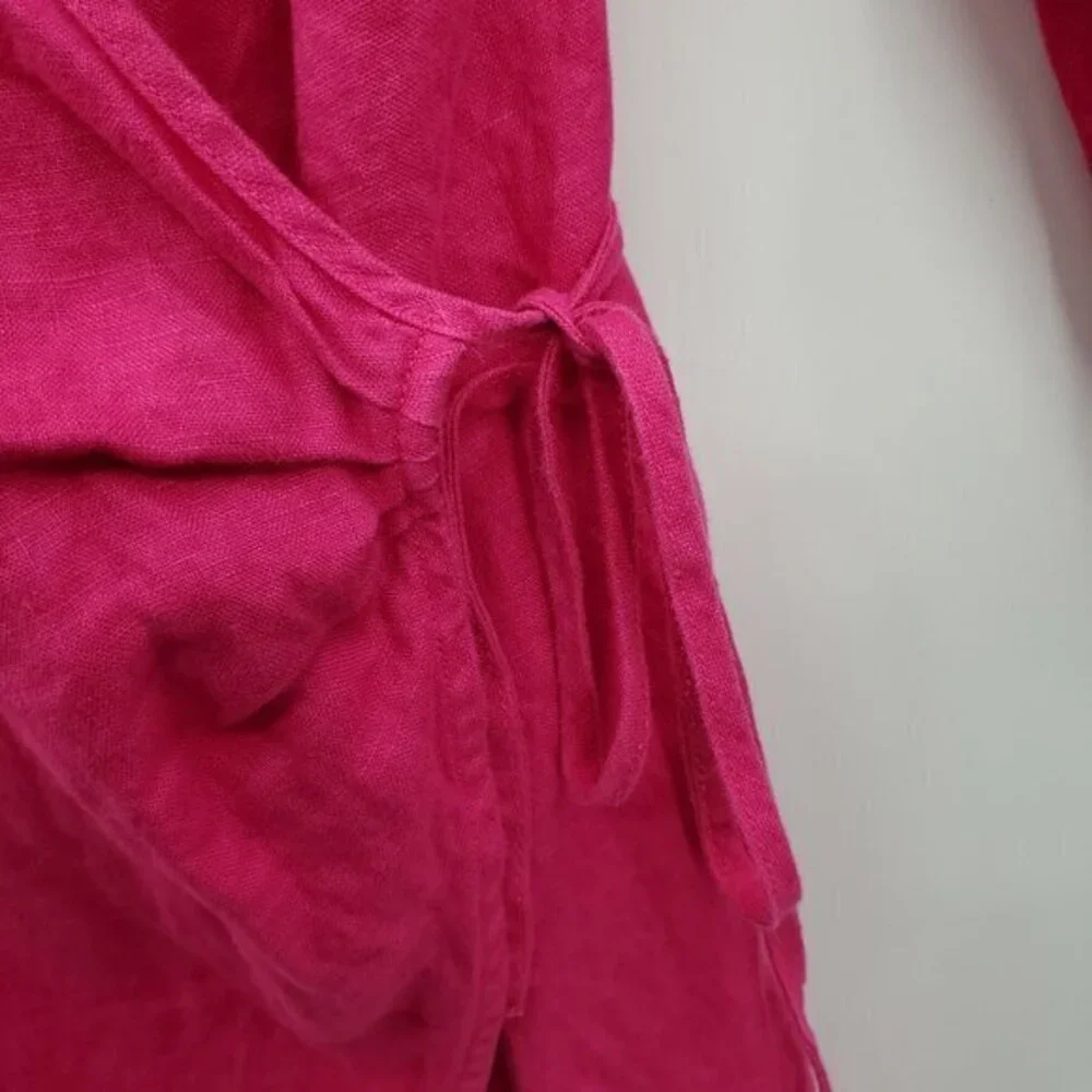 Mango 100% Linen Fuchsia/Barbie Pink Collared Wrap Dress 12